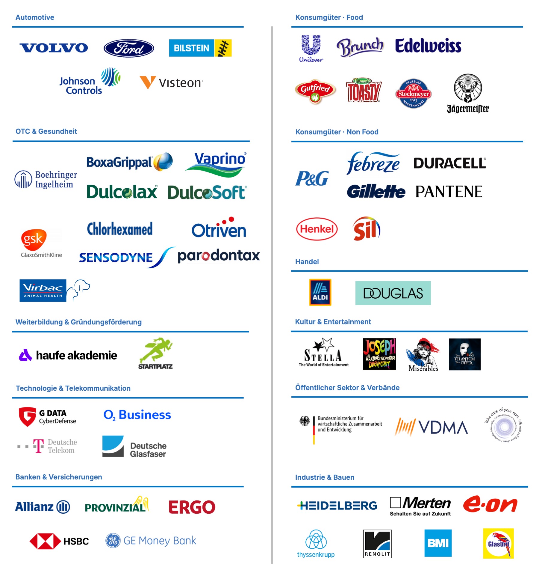 Logos ausgewählter Mandate: Automotive, OTC & Gesundheit, Weiterbildung & Gründungsförderung, Technologie & Telekommunikation, Banken & Versicherungen