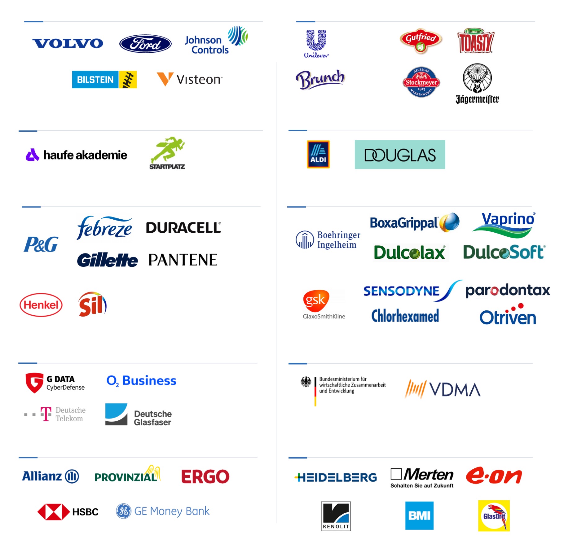 Logos ausgewählter bisheriger Mandate, nach Branchen gruppiert