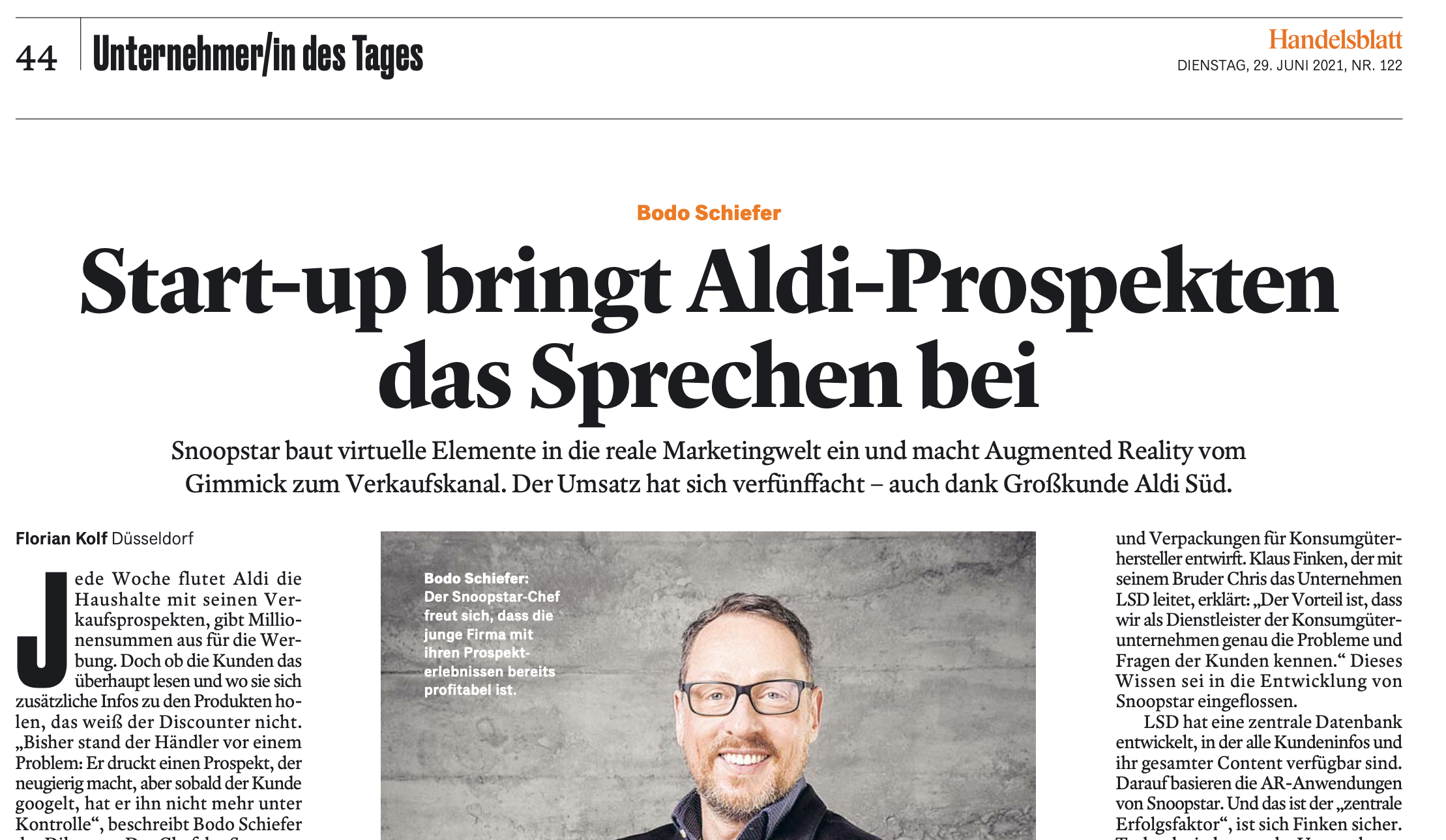 Handelsblatt-Seite Unternehmer/in des Tages mit Bodo Schiefer